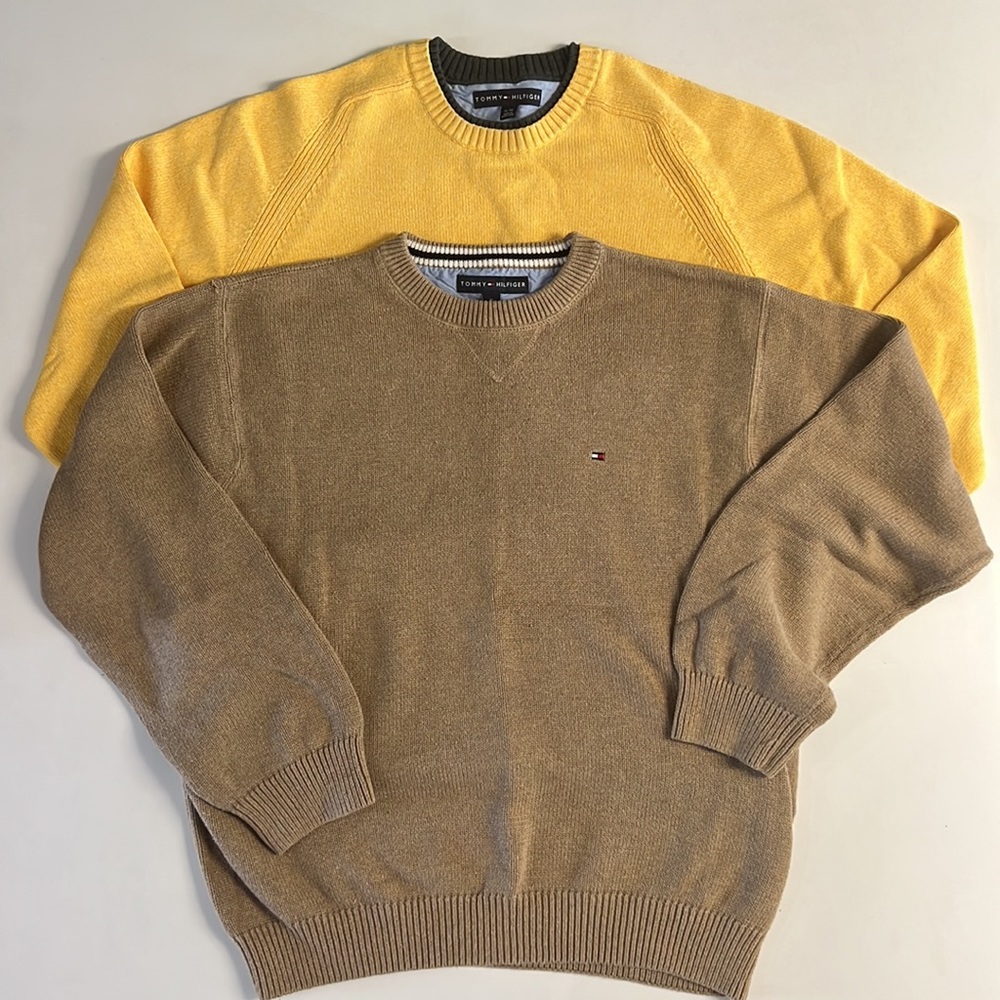 2 TOMMY HILFIGER Mens Crew Neck Jumper Sweater XL Cotton Yellow Beige